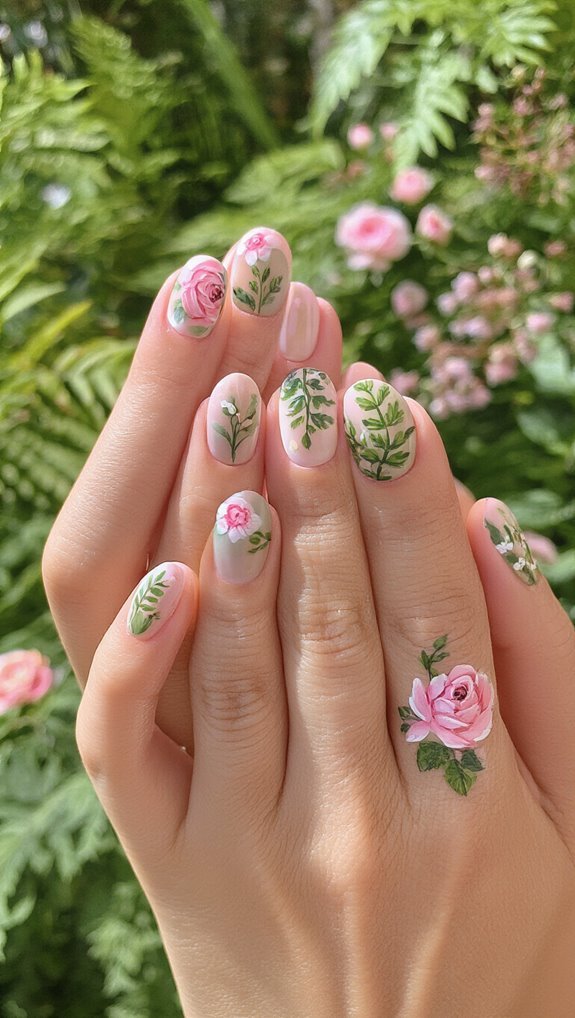 hand painted botanical floral nails