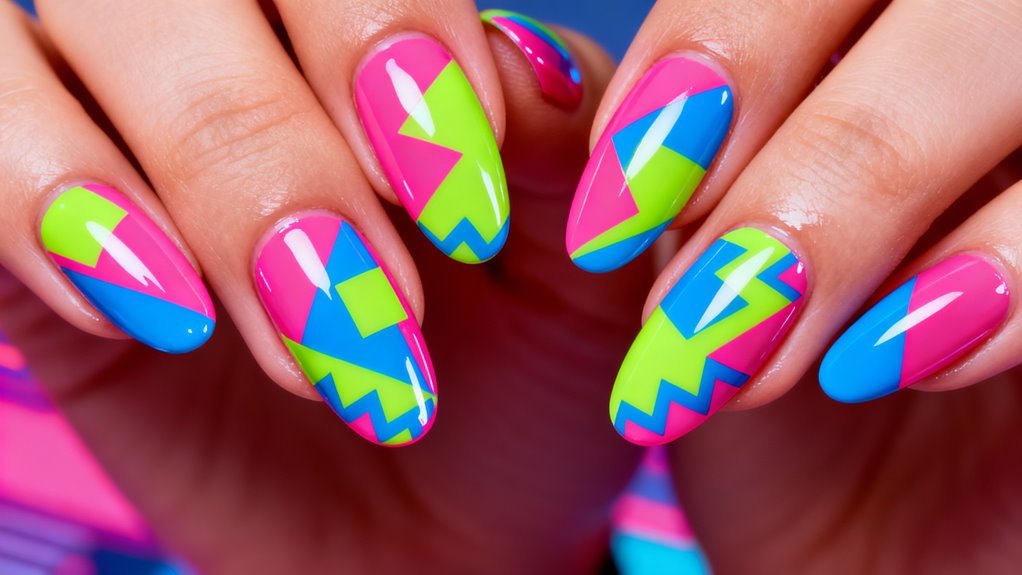 neon 80s geometric nail tips